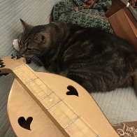 Dexter with dulcimers, couch-2025